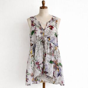 Anthropologie Nia Floral Tunic Top Size Small Hi Lo Hem Sleeveless Button Front